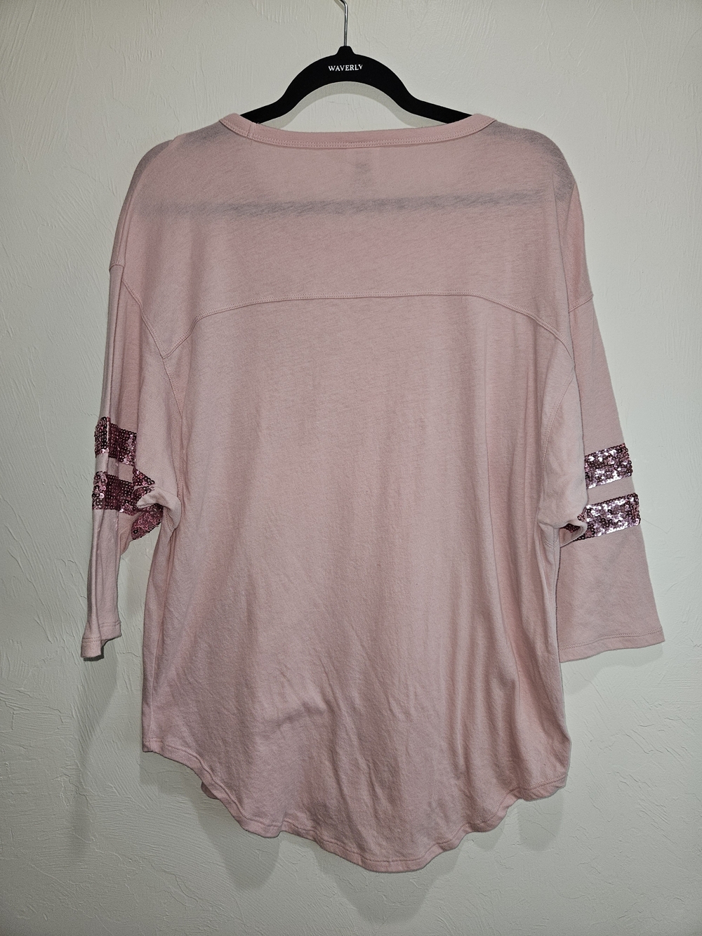 PINK Victoria's Secret Light Pink Sequin Logo Stripe Sleeve Tee Women's Medium - Picture 8 of 11